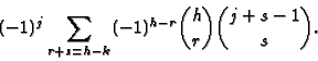 \begin{displaymath}(-1)^j \sum_{r+s=h-k}(-1)^{h-r}\binom{h}{r}\binom{j+s-1}{s}.\end{displaymath}